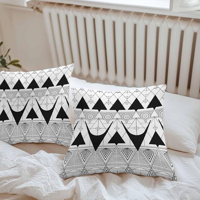 Throw Pillow Covers 16x16 Inch Set of 2, Black White Geometric Waterproof Outdoor Pillow Covers, Vintage Art Striped Decorative Cushion Pillowcases for Couch, Sofa, Bed, Garden, Patio