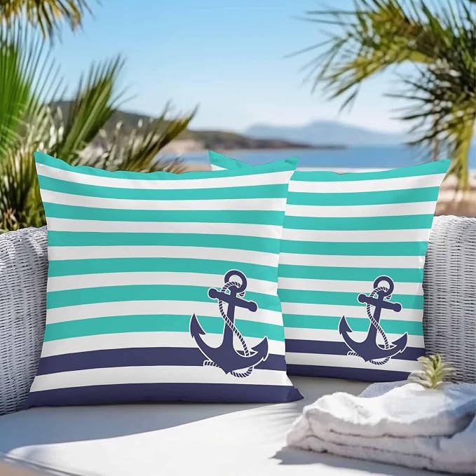 Throw Pillow Covers 24x24 Inch Set of 2, Anchor Turquoise Waterproof Outdoor Cushion Covers, Modern Navy Blue White Striped Nautical Decorative Pillowcases for Couch, Sofa, Bed, Garden, Patio