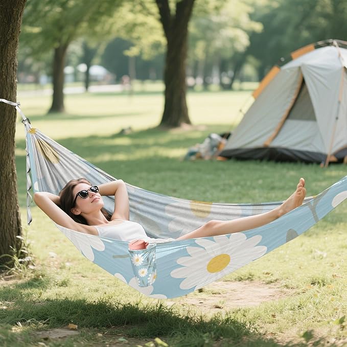 Blue and White Daisies 330lb Capacity Outdoor Hammock with Hanging Rope Indoor Hammock for Camping Travel Accessories hamaca con soporte para adultos