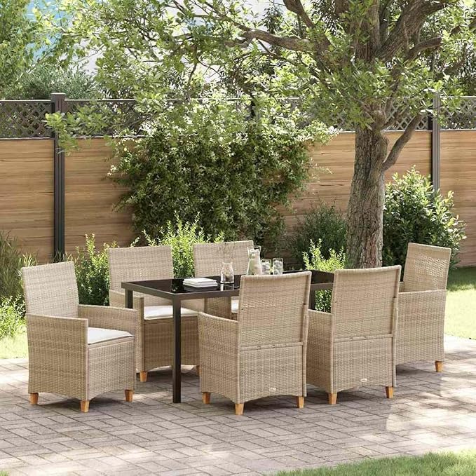 7 Piece Garden Dining Set, Weather-Resistant Poly Rattan Patio Furniture with Glass Top Table and 6 Comfortable Chairs for Outdoor Backyard Deck