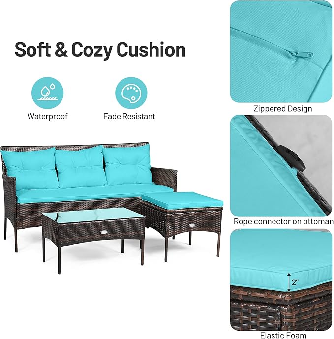 RELAX4LIFE 3 Pieces Patio Furniture Sectional Set, Rattan Wicker Conversation Set W/5 Cozy Seat & Back Cushions, Tempered Glass Coffee Table for Poolside, Backyard Outdoor Furniture (Turquoise)