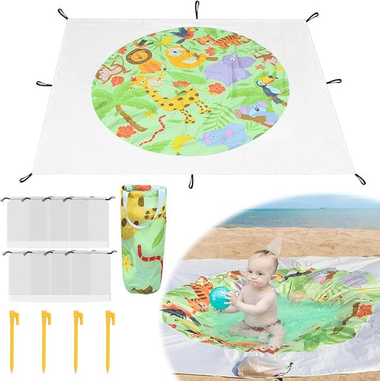 6.6 X 6.6 Ft Baby Beach Pool, 2 in 1 Portable Kids Beach Play Pool Puddle Toddler Beach Blanket and Kiddie Pools Green Cartoon Childs Sand Pit Paddling Pools with Water Bag for Boys Girls Outdoors