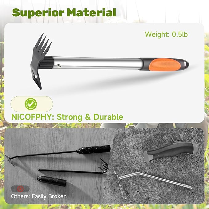 NICOFPHY Weed Puller Tool 2 Pack, 2 in 1 Manual Weeding Rake and Garden Hoe, 17" Uprooting Weeder Remover Tool for Yard Lawn Patio and Garden, Portable Gardening Hand Tools for Veggies Flower Planting