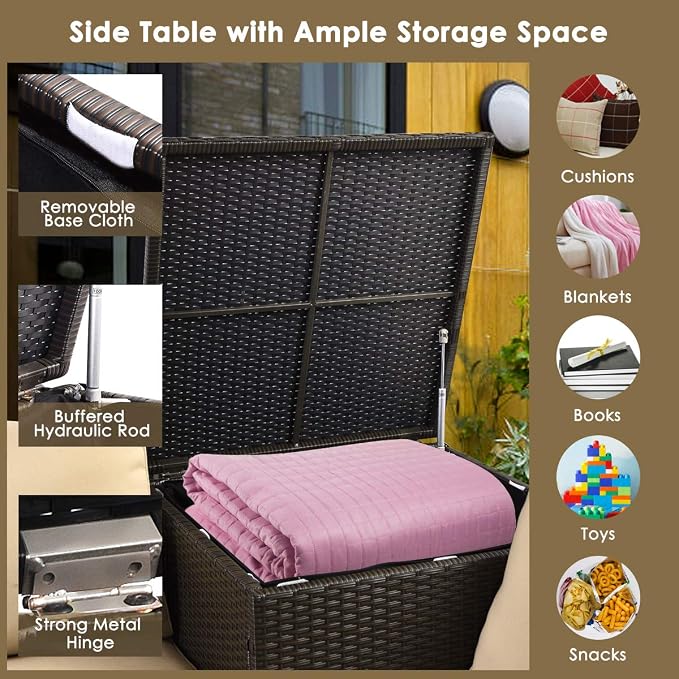 HAPPYGRILL 4PCS Patio Furniture Set Outdoor Rattan Wicker Sofa Set Conversation Set with Cushions & Storage Side Table Coffee Table for Garden Lawn Poolside Backyard