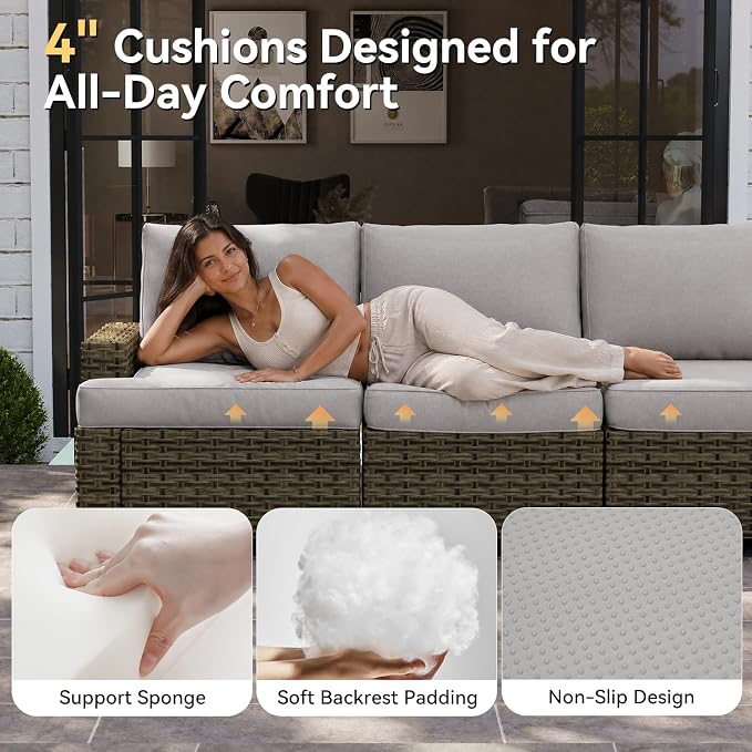 LET'S PATIO Luxury Patio Furniture Set, 6 Piece Outdoor Furniture Set, All-Weather Patio Sectional Sofas with Thickened Cushions, Grey