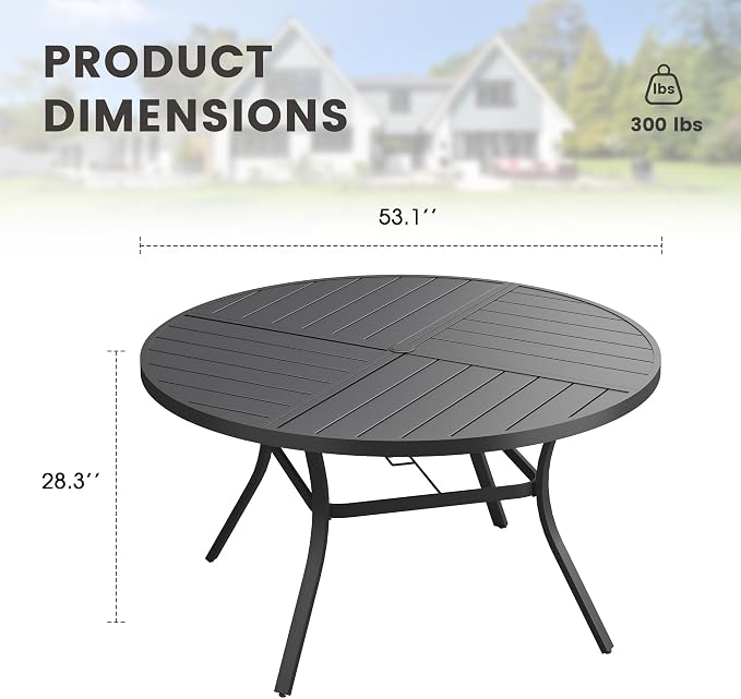 53.1" Outdoor Dining Table with Adjustable Umbrella Hole, Metal Slatted Round Patio Dining Table for Backyard Garden Deck, Black
