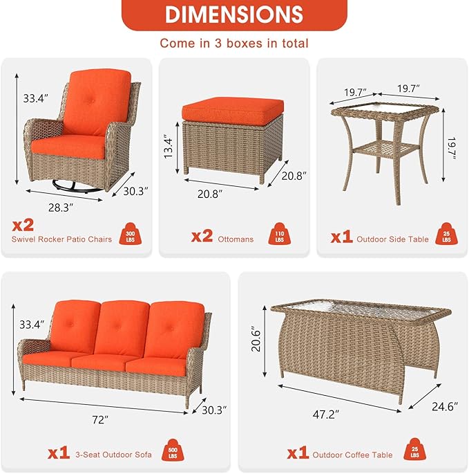 kinbor Outdoor Sectional Furniture - Outdoor Patio Conversation Sets, 7 Pieces Outdoor Sectional Sofas with Swivel Rocking Chair, Brown Wicker Rattan Patio Furniture Set, Orange