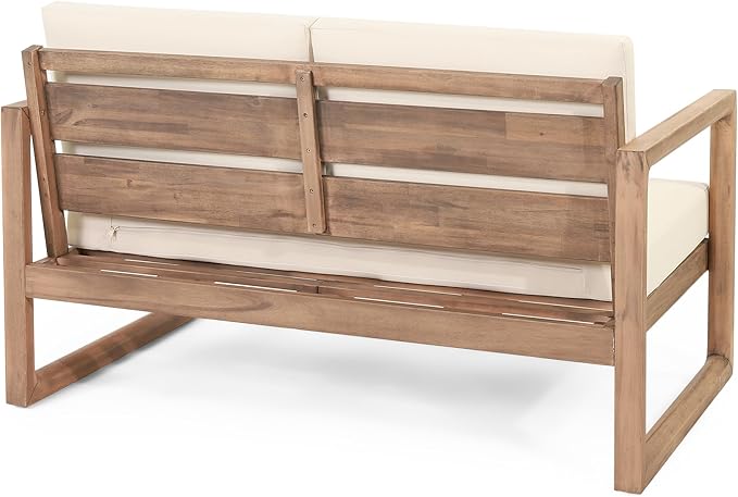 Christopher Knight Home Stefan Acacia Wood Outdoor Loveseat and Coffee Table Set with Cushions, 2 Piece Patio Conversation Set, Brown Wash, Beige