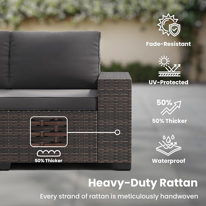 Soohow 7-Piece Patio Furniture Set with 44" Fire Pit Table, Outdoor Sectional Wicker Rattan Conversation Set for Garden, Porch, Backyard - Grey Cushions