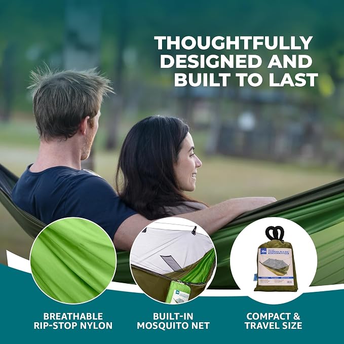 Bliss Hammocks BH-406XLS-N-FG Hammock in a Bag w/ Mosquito Net & Adjustable Tree Straps, 54-in. Wide, Weather & UV Resistant, 350 Lb. Capacity (Forest Green)