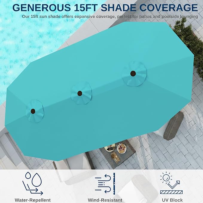 15FT Large Patio Umbrella with Base, Double Sided Rectangular Outdoor Umbrella with Sturdy Fiberglass Ribs, UPF 50+ Sun Protection, Wind-Resistant, Waterproof Fade-Resistant Fabric for Pool, Garden, Backyard, Deck(Peacock Blue)
