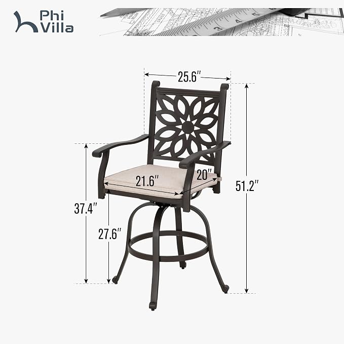 PHI VILLA Outdoor Swivel Bar Stools Set of 4, Cast Aluminum Patio Bar Height Chairs with Seat Cushion, All-Weather Bar Dining Chairs Metal Bistro Chairs