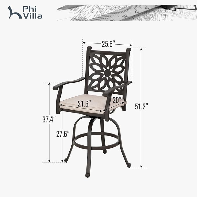 PHI VILLA Outdoor Swivel Bar Stools Set of 2, Cast Aluminum Patio Bar Height Chairs with Seat Cushion, All-Weather Bar Dining Chairs Metal Bistro Chairs