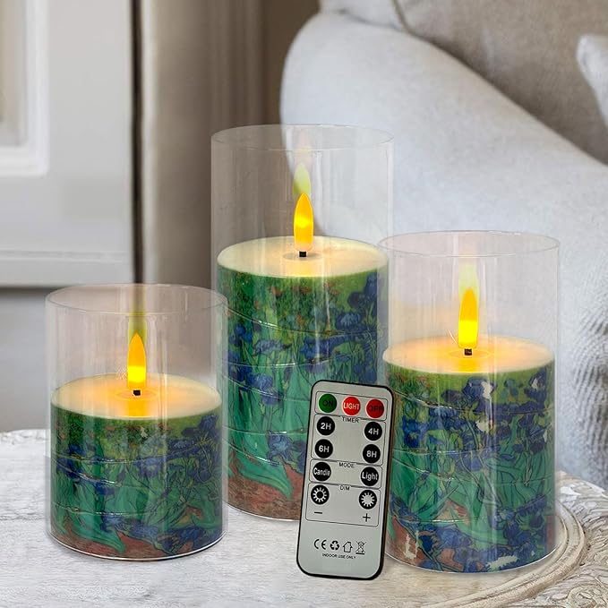 Flickering Flameless Candles, Recessed String Light LED Candles Acrylic Battery Operated LED Pillar Candles with Remote Van Gogh Art Painting Style for Home Decor Set of 3((Irises Printed)