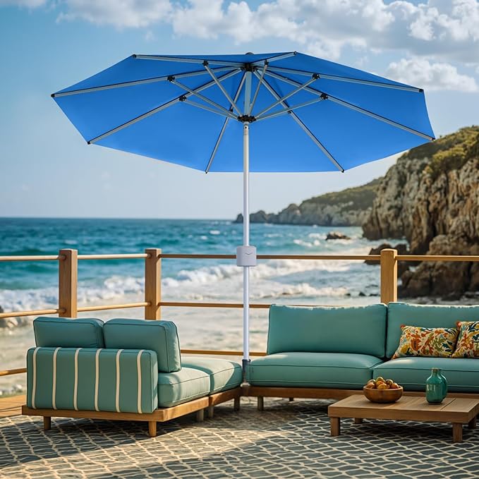 Patiowell 9 FT Motorized Patio Umbrella with Base Included, Outdoor Umbrella with Base, Detachable Power Bank Hands-Free Automation, Aluminum Frame for Backyard, Poolside, Outdoor Dining, Blue