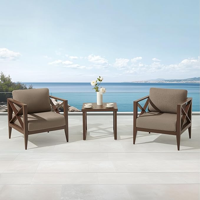 MBY Outdoor Aluminum Patio Furniture Set, 2-Seats Patio Conversation Sofa Set with 1 Coffee Table, All Weather for Pool, Balcony, Garden-Brown