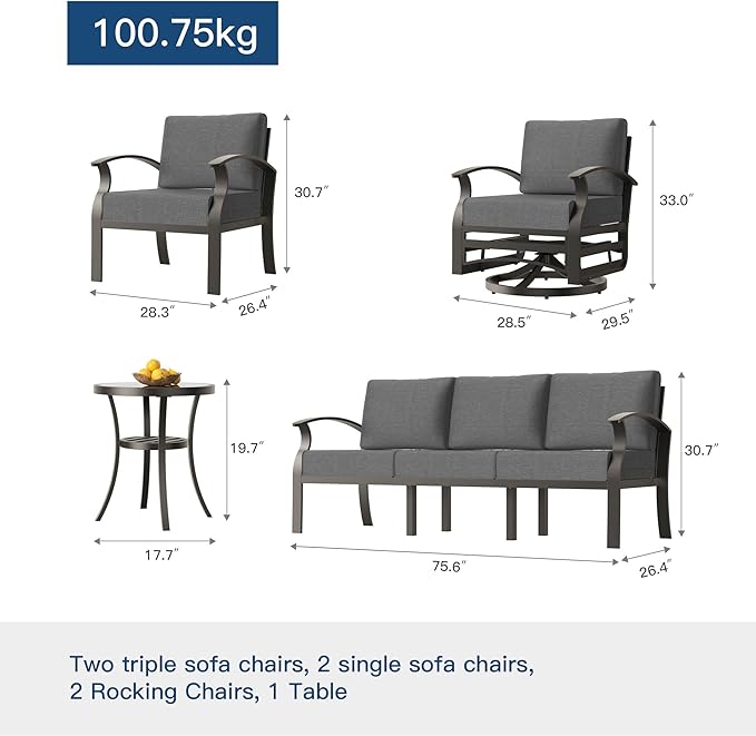 Kullavik Aluminum Patio Furniture Set,7 Pieces 10 Seat Metal Outdoor Furniture Conversation Set w/5.1" Cushions,Swivel Rocking Chairs Set,Grey