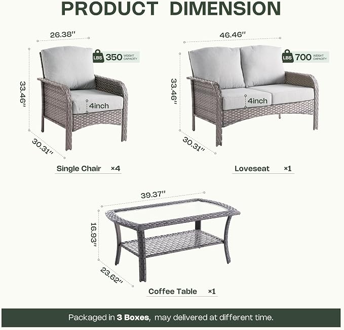 6-Piece Patio Furniture Set, Outdoor Wicker Furniture with Coffee Table, All Weather High Back Loveseat Patio Chairs, Modern Rattan Outdoor Chairs Conversation Set for Porch, Balcony, Garden,Grey