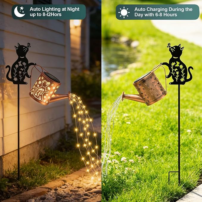 Solar Watering Can with Lights, Featuring Metal Cat Silhouette Garden Ornament Festive Gift for Women, Waterproof Outdoor Decor for Backyard Paths and Lawn
