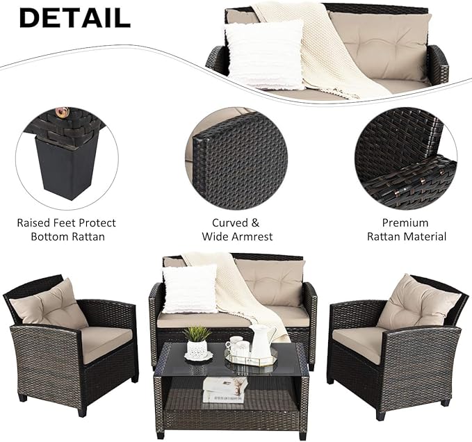 Tangkula 8-Piece Outdoor Rattan Furniture Set, PE Rattan Wicker Sectional Sofa with Loveseat Chair & Glass Table, Patio Cushioned Conversation Sets for Backyard Porch Garden Poolside (2, Brown)