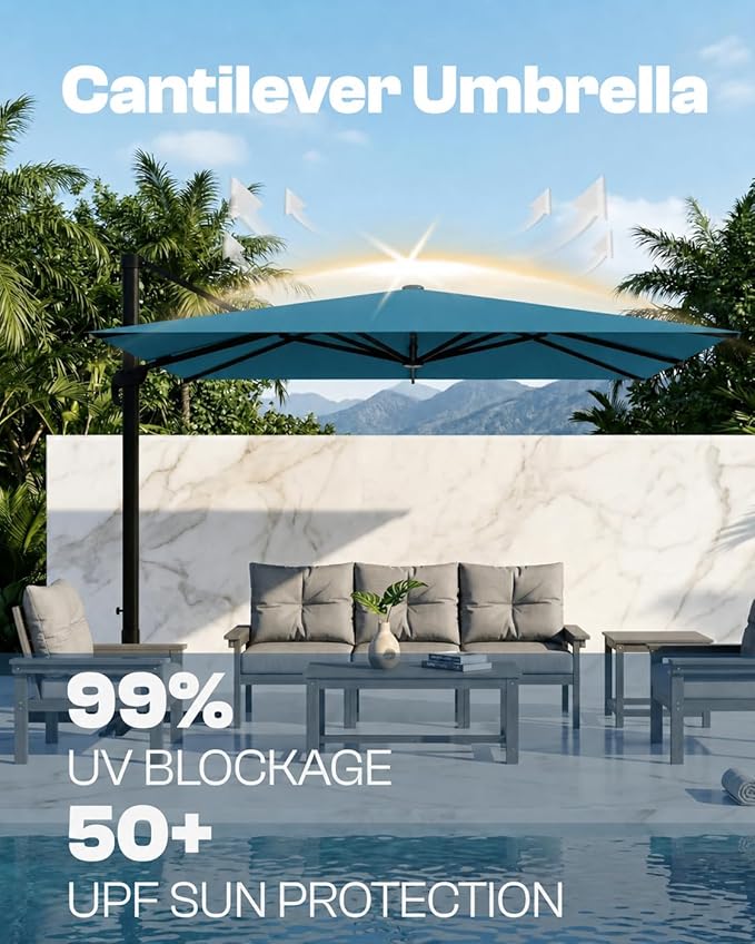 9x9 FT Square Cantilever Umbrella,Easy Tilt, Fade Resistant & 360° Rotation, Offset for Pool Deck Backyard Patiolake blue (Base not Included)