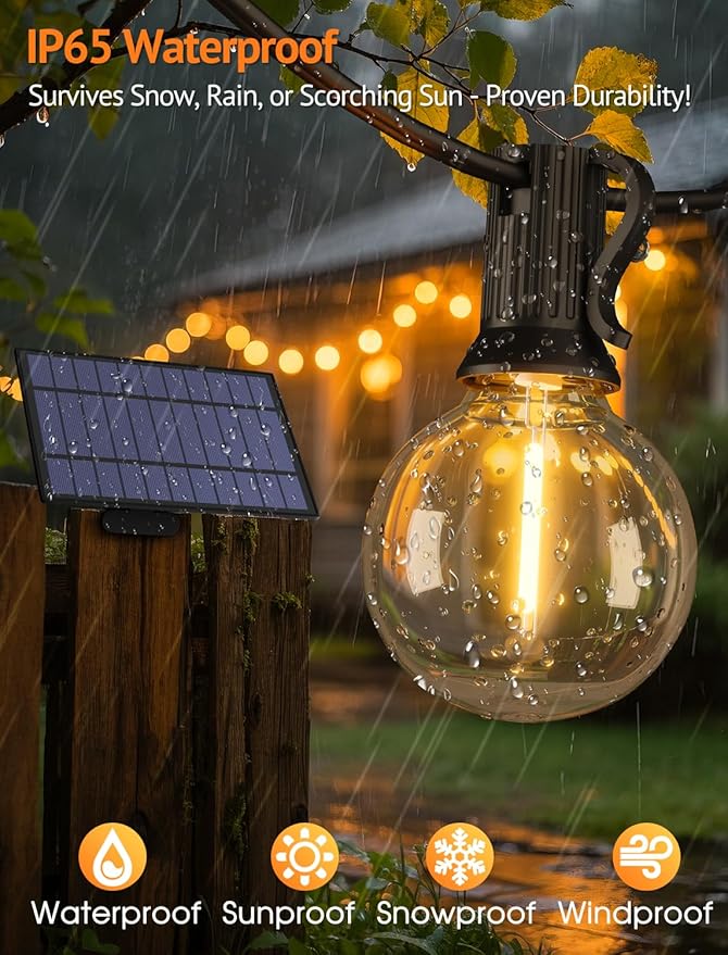 100FT(4x25FT) Solar String Lights with Remote, 43 G40 Bulbs, Black | Solar Powered, Dusk to Dawn, Dimmable, Timer, Memory Function, LED Globe Hanging Lights for Fence Camping Porch