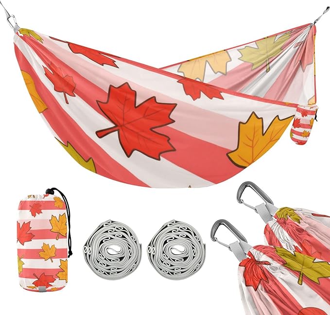 Red White Striped Maple Leaves 330lb Capacity Hammocks for Camping with Tree Straps Fabric Hammock for Outside Camping Essentials capas para la Lluvia