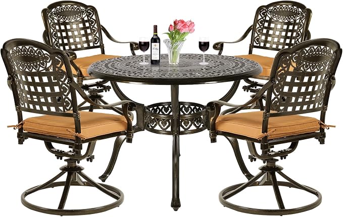 VIVIJASON 5-Piece Outdoor Patio Dining Set, All-Weather Cast Aluminum Conversation Set, Patio Furniture Set for Balcony Lawn Garden, Include 4 Swivel Chairs, a 38.5" Round Table w/Umbrella Hole
