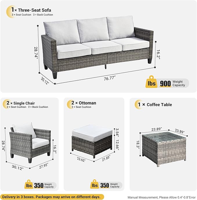 ovios 6 Pieces Patio Furniture Set, Outdoor Wicker Rattan Sofa Couch with Glass Table, Chairs, Comfy Cushions, Conversation Sets for Porch Deck Garden, Grey
