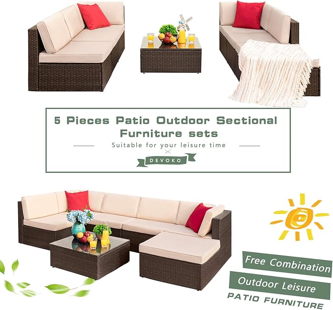 Devoko 7 Pieces Patio Furniture Sets All-Weather Outdoor Sectional Sofa Manual Weaving Wicker Rattan Patio Conversation Set with Cushion and Glass Table (Beige)