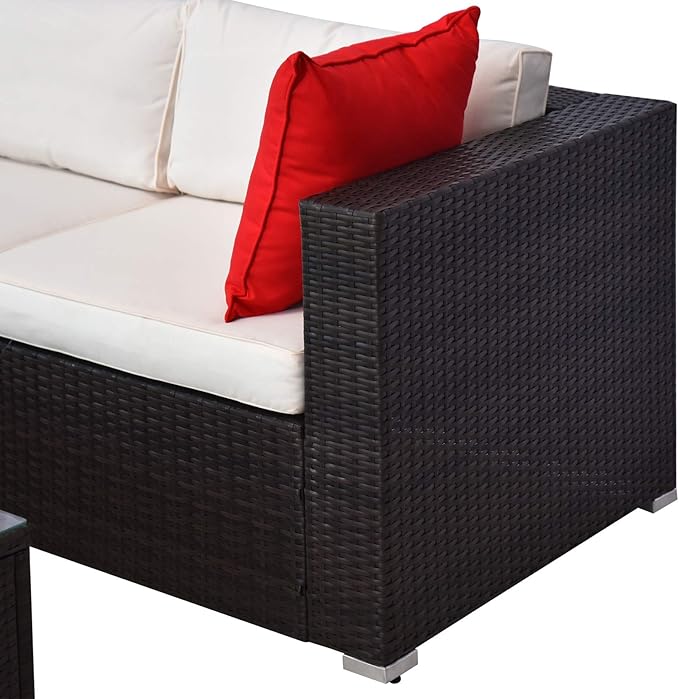 Outsunny 5-Piece Patio Furniture Set with Cushions, Outdoor PE Rattan Wicker Sofa Set, Sectional Furniture with Pillows, Glass Coffee Table for Garden, Backyard, Brown/Cream White
