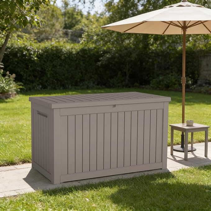 230 Gallon Outdoor Deck Boxes, IP68 Waterproof Outdoor Storage Box with Hydraulic Lid Support, Outside Resin Container for Furniture, Toy, Shoe, Garden & Patio Tools Storage -Brown