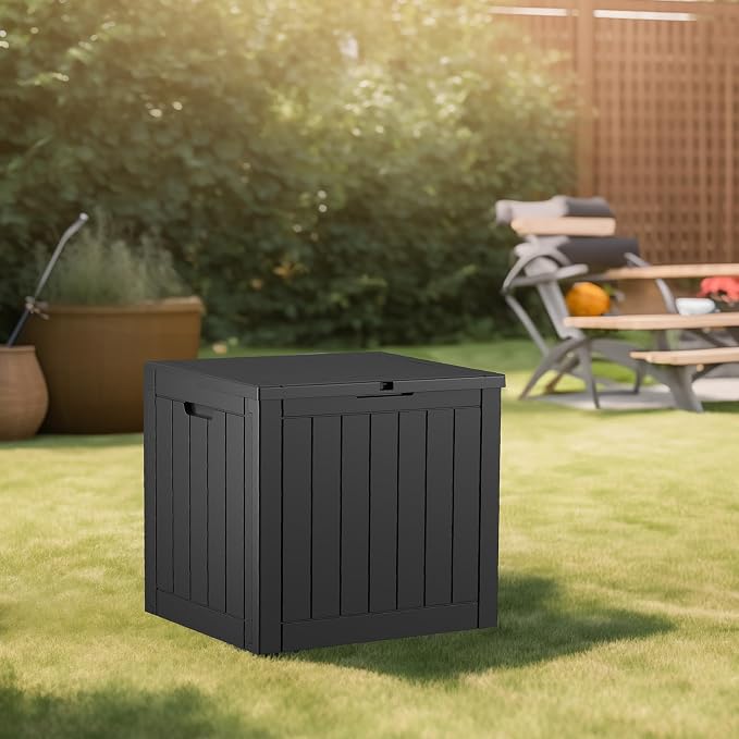 PatioZen 30 Gallon Resin Deck Box with Lockable Lid, Waterproof storage box for Patio Furniture, and Garden Tools, Black