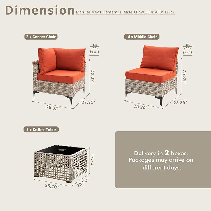 5 Pieces Patio Sectional Furniture Set, Outdoor Wicker Sectional Couch with Solar Lights Table, Modern Conversation Set for Porch Balcony Backyard, Orange