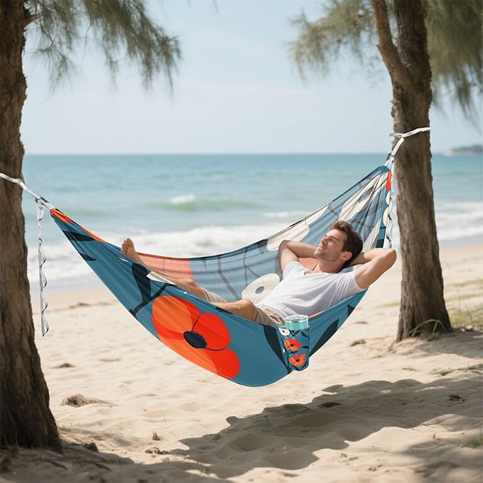Orange Flowers Blue Background 330lb Capacity Outdoor Hammocks Tree Hammock for Camping Travel Accessories hamaca con soporte para adultos