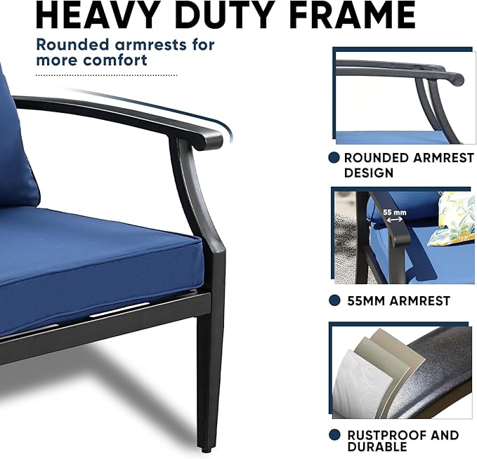 4 Piece Outdoor Patio Furniture Set, Oversized Metal Conversation Set with High Back & Deep Seating, Water-Repellent Cushions, Coffee Table for Porch, Deck, Backyard, Navy