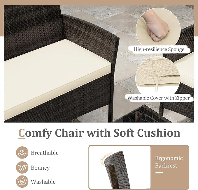 4 Piece Patio Furniture Set, Sectional Conversation Sofa Set with Glass Coffee Table, Cushions & Loveseat, Wicker Outdoor Table and Chairs for Pool, Garden, Deck, Backyard (2, Beige)