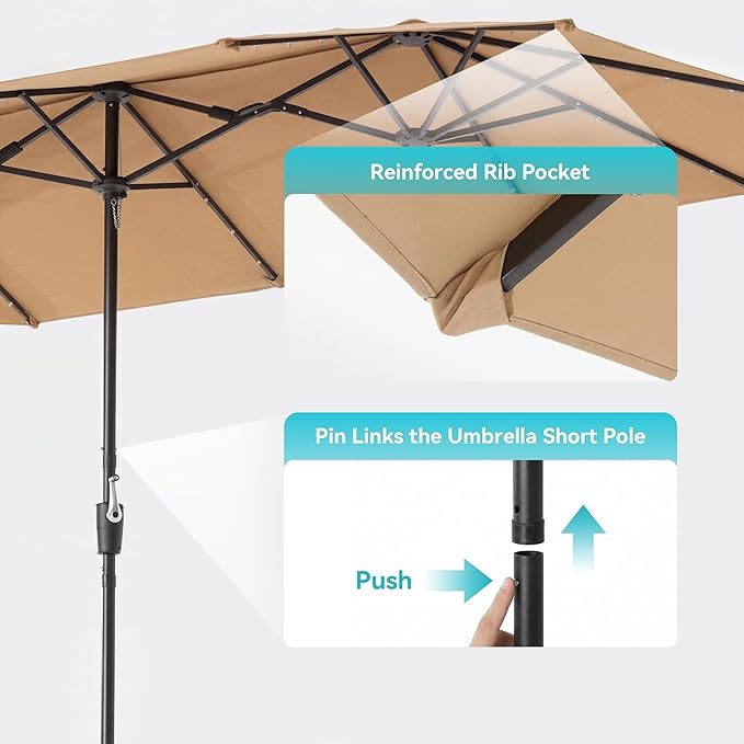 COSIEST 13FT Patio Umbrella with Solar Lights, Outdoor Double-Sided Table Umbrella,Large Rectangular Market Umbrella w Crank Handle for Garden, Pool, Deck Shade, Khaki