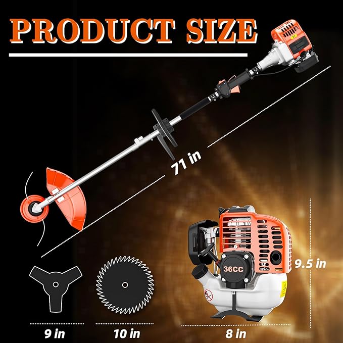Weed Eater Gas Powered 36cc 3 in 1 Gas Weed Wacker Gas Brush Cutter, 2-Cycle Gas String Trimmers for Weeds and Grass, Orange