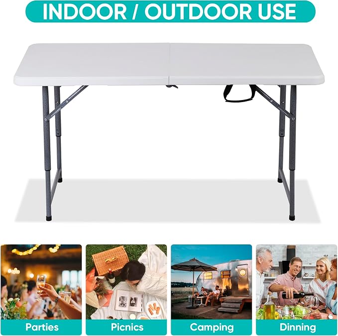 4 FT Folding Table, Fold in Half, Height Adjustable Heavy Duty Portable Plastic Table w/Handle for Picnic Party Camping Dining Indoor Outdoor, Lightweight White