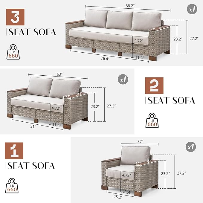 Patio Furniture Set, 6 Piece Wicker Patio Conversation Set with Wide Solid Wood Armrest, All Weather Outdoor Sectional Furniture with Wood Legs for Backyards, Porch, Poolside, Garden, Balcony
