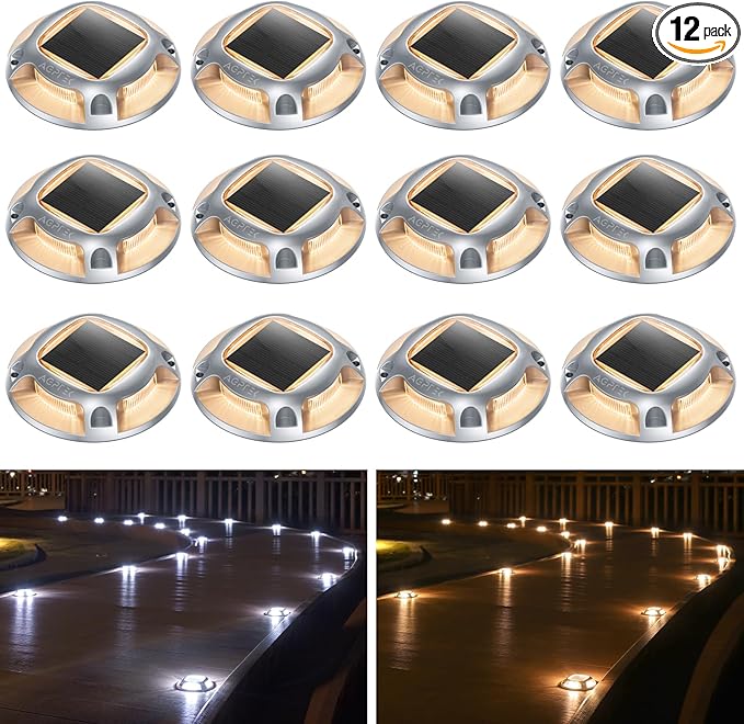 AGPTEK Solar Driveway Lights Outdoor 12 Pack, 2 Color Modes LED Deck Dock Marine Waterproof Driveway Marker Lights for Step Sidewalk Stair Garden Pathway Walkway Yard (Warm White/Cool White)