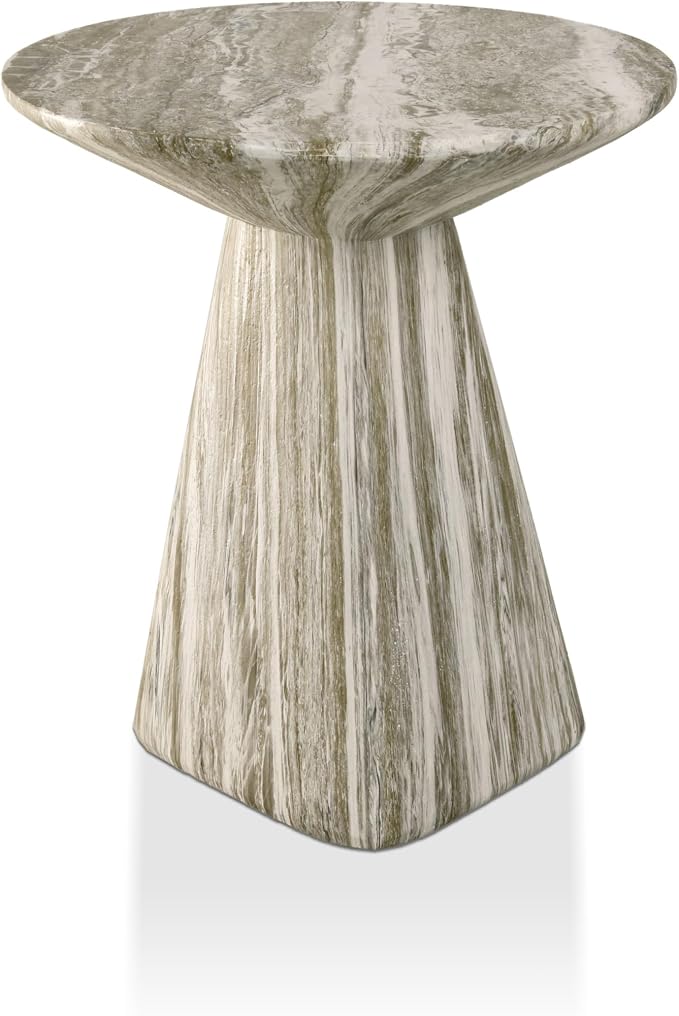 24/7 Shop at Home Ranera Modern 18-inch Natural Stone Side Table with Angular Pedestal Base, Marble Nightstand, Geometric Patio End Table, for Living Room, Covered Outdoor Spaces, Gray Travertine