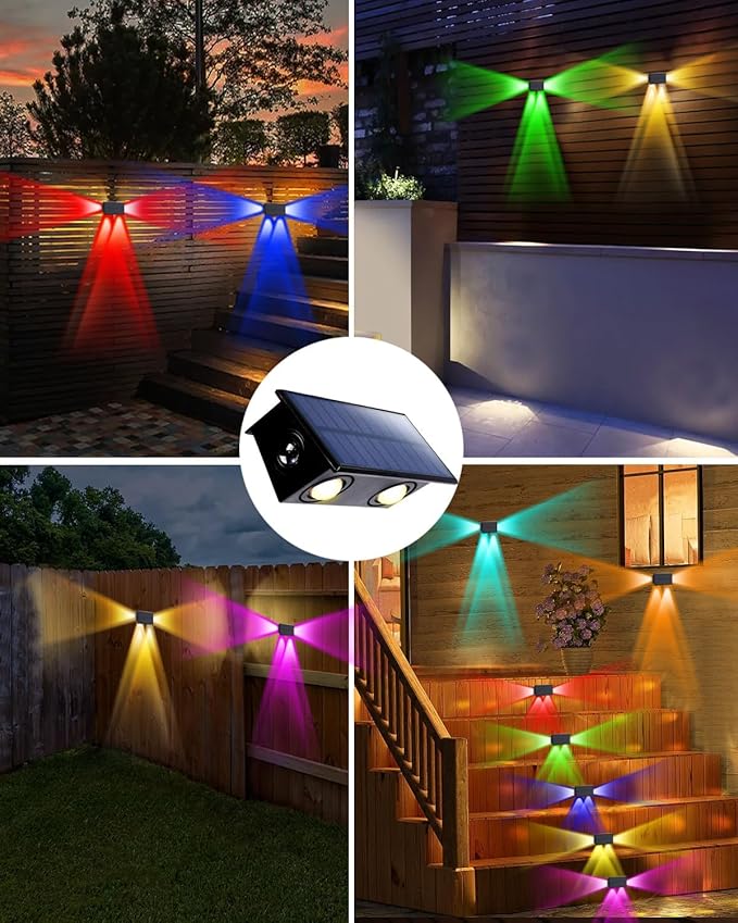 6 Pack Color Changing Solar Powered Fence Lights Outdoor Decorative LED Waterproof Yard Lamps for Outside Wall, Deck, House Patio, Rail, Stair, Yard, Pool, 7 Colorful Modes, Easy 1-Min Installation