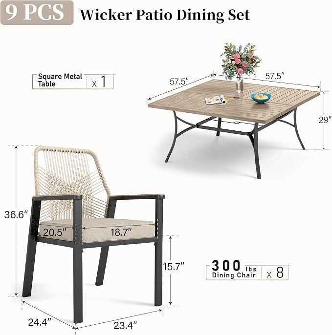 Patio Dining Set 9 Piece, 8 x Woven Rattan Chairs with Waterproof Cushion, 57.5" Square Wood-Like Metal Table with Umbrella Hole, Outdoor Table and Chairs Set for Backyard Lawn and Deck, Beige
