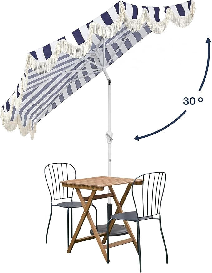 JONATHAN Y Beverly 9 ft. Coastal Navy and White Striped Half Patio Umbrella with Scalloped Fringe, Crank Lift, and Manual Tilt for Balcony, White Pole UMB1201I