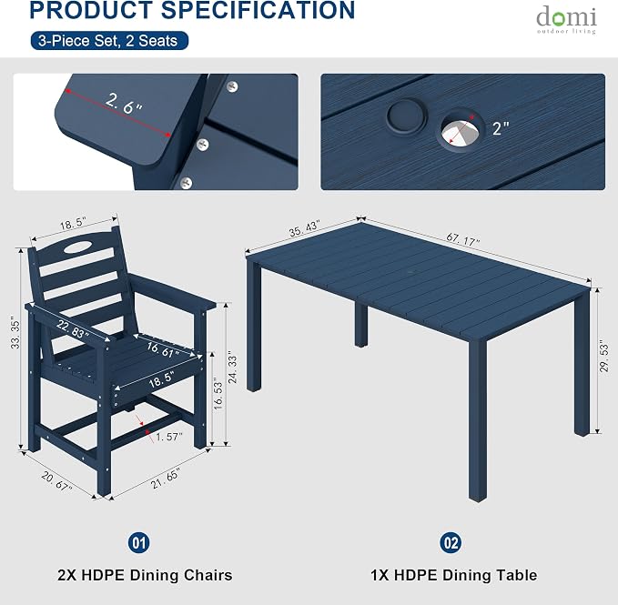 Domi HDPE Outdoor Dining Set, All-Weather 3 Piece Outdoor Dining Table Set with 2" Umbrella Hole, Outdoor Patio Dining Set for Garden, Poolside, Backyard, Deck, Blue