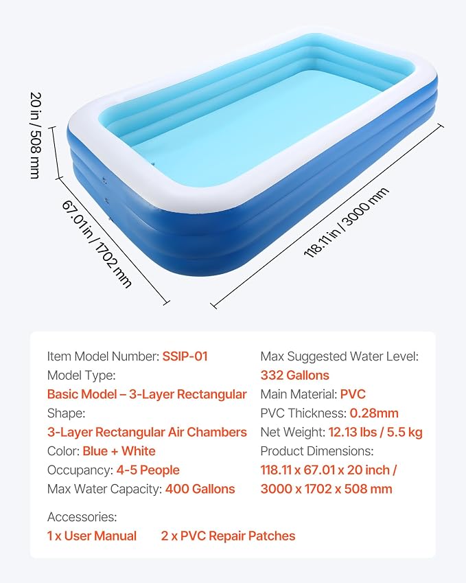 VEVOR Inflatable Pool, 118 x 67 x 20 inch Large Inflatable Swimming Pool, Family Large Swimming Pools with Repair Patches, Blow Up Pools for Kids, Adults, Family, Indoor Outdoor, Summer Water Party