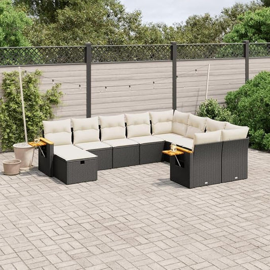 10 Piece Black Poly Rattan Patio Conversation Set with Cream Cushions, 21.7 x 21.7 x 14.6 in Acacia Wood Outdoor Sectional Sofa for Garden, Patio & Balcony