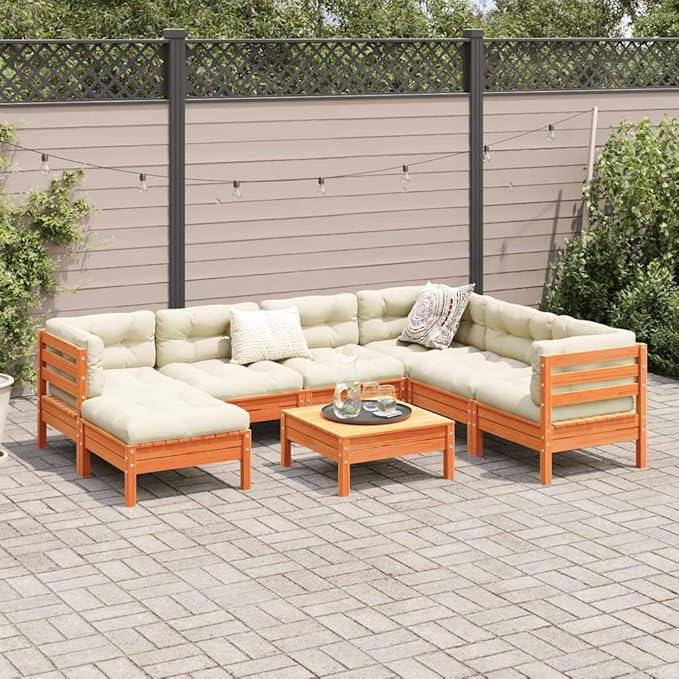 8 Piece Patio Conversation Set Wax Brown Solid Pine Modular Outdoor Sofa with Cream Cushions 24.8x24.8x24.6 in for Garden Balcony Porch Backyard